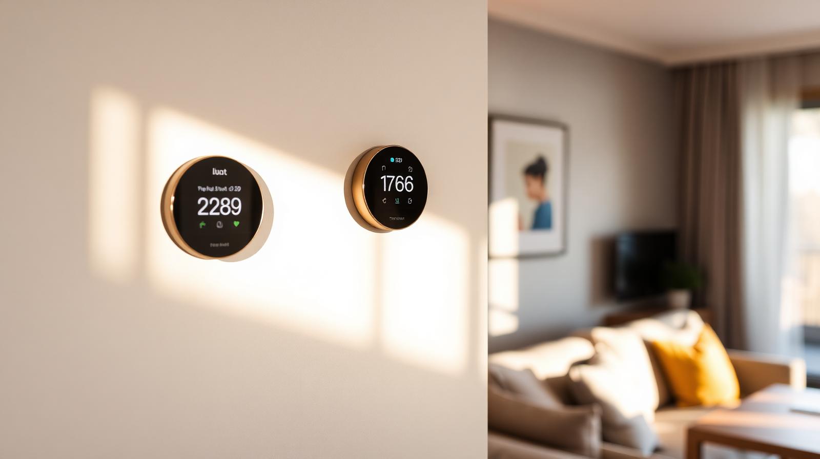 Een moderne slimme thermostaat aan de muur van een stijlvol ingericht vakantiehuis, tonend een aangename temperatuur.
