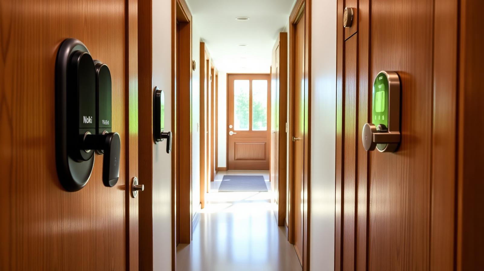 Vier verschillende smart locks gemonteerd op moderne houten deuren naast elkaar afgebeeld voor vergelijking.