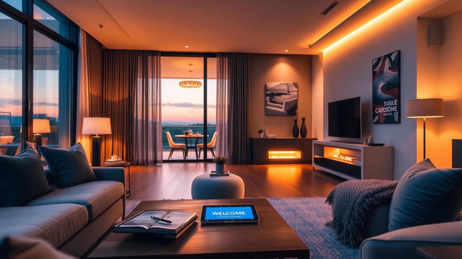 Sfeervolle woonkamer van een vakantiewoning met warme verlichting en een welkomsttablet op de tafel bij schemering.